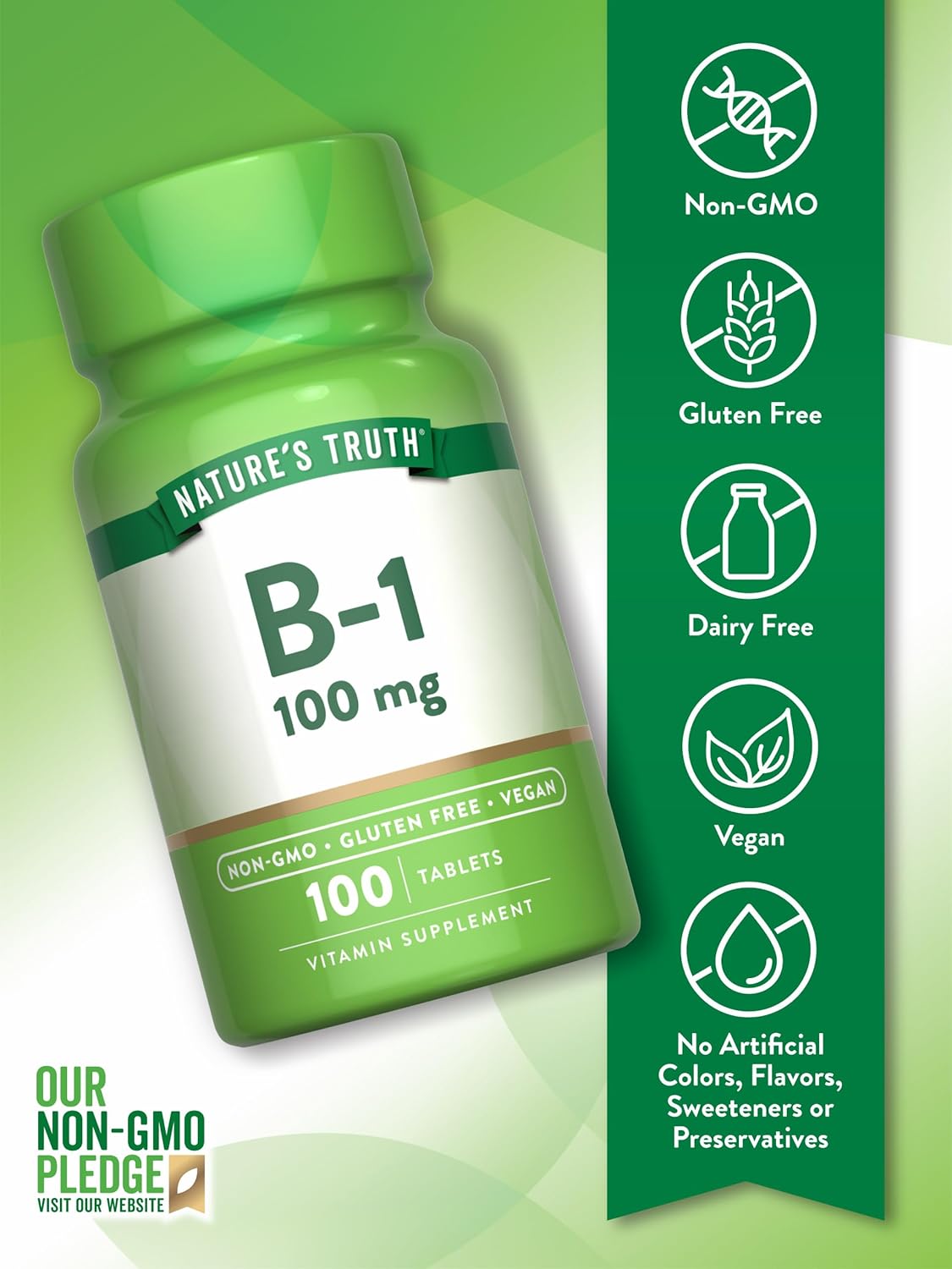 Vegan Non-GMO Vitamin B1 (Thiamine) 100mg Supplement - 100 Count Gluten Free