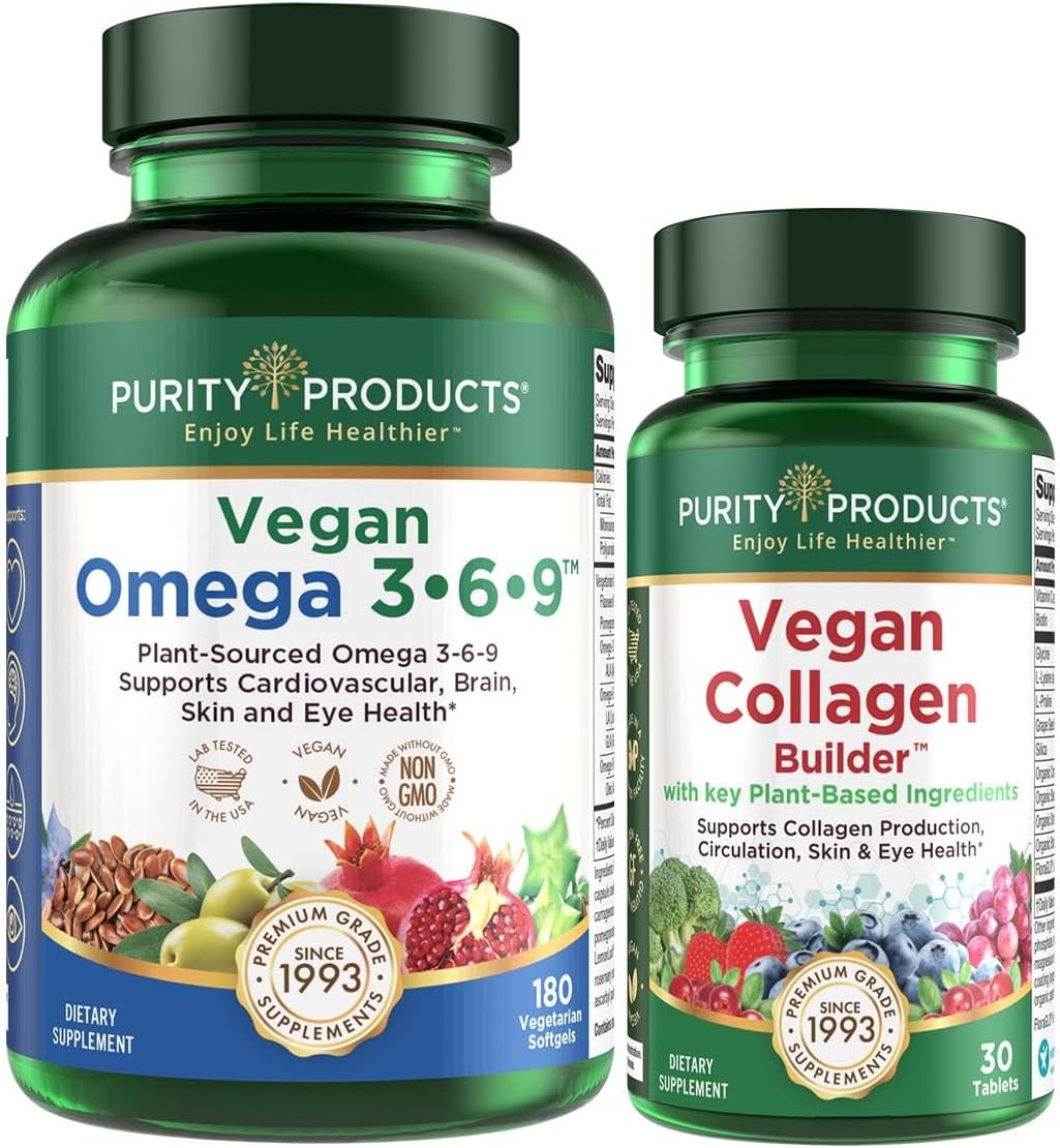 Vegan Omega 3-6-9 Bundle with Collagen Builder - Plant-Based Essential Fatty Acids + Key Ingredients for Vegan Collagen Production (180 ct)