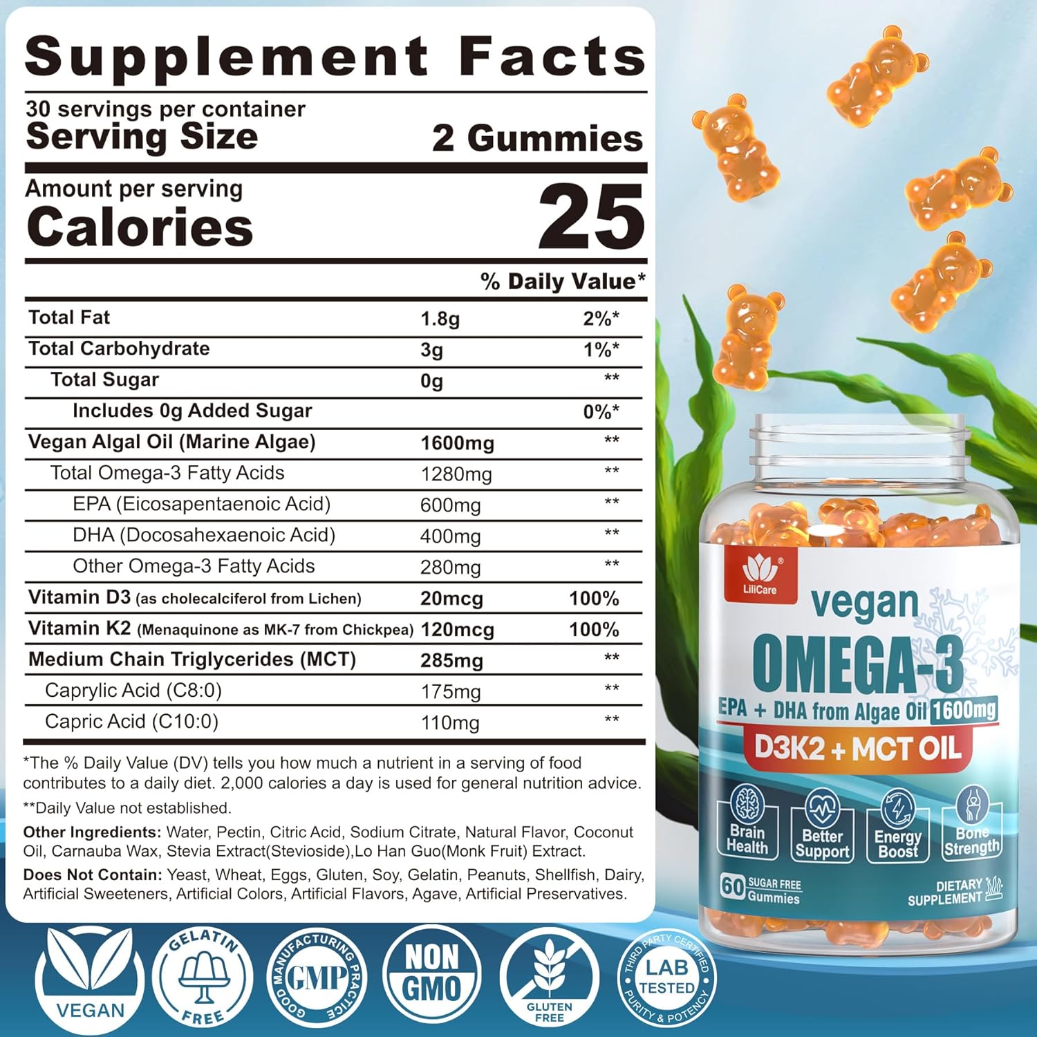 Vegan Omega-3 and Vitamin B Complex Gummies - LILICARE 1280mg Formula