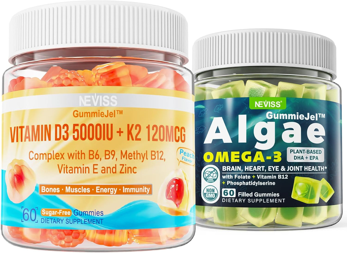 Vegan Omega 3 Gummies 1000mg with NEVISS Vitamin D3 5000IU + K2 (MK-7) 120mcg - 2-in-1 Supplement Pack