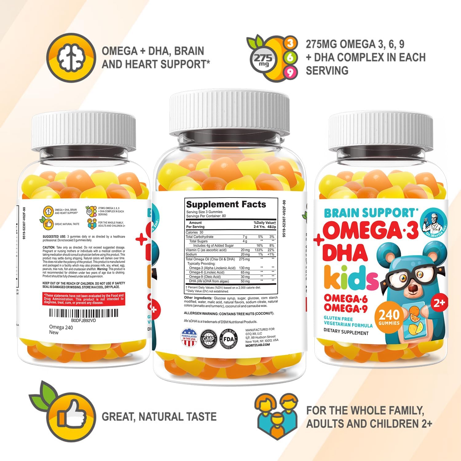 Vegan Omega-3 Gummies for Kids & Toddlers (240 Count) - Brain & Heart Health, No Fish Oil, Gluten-Free - Dr. Moritz