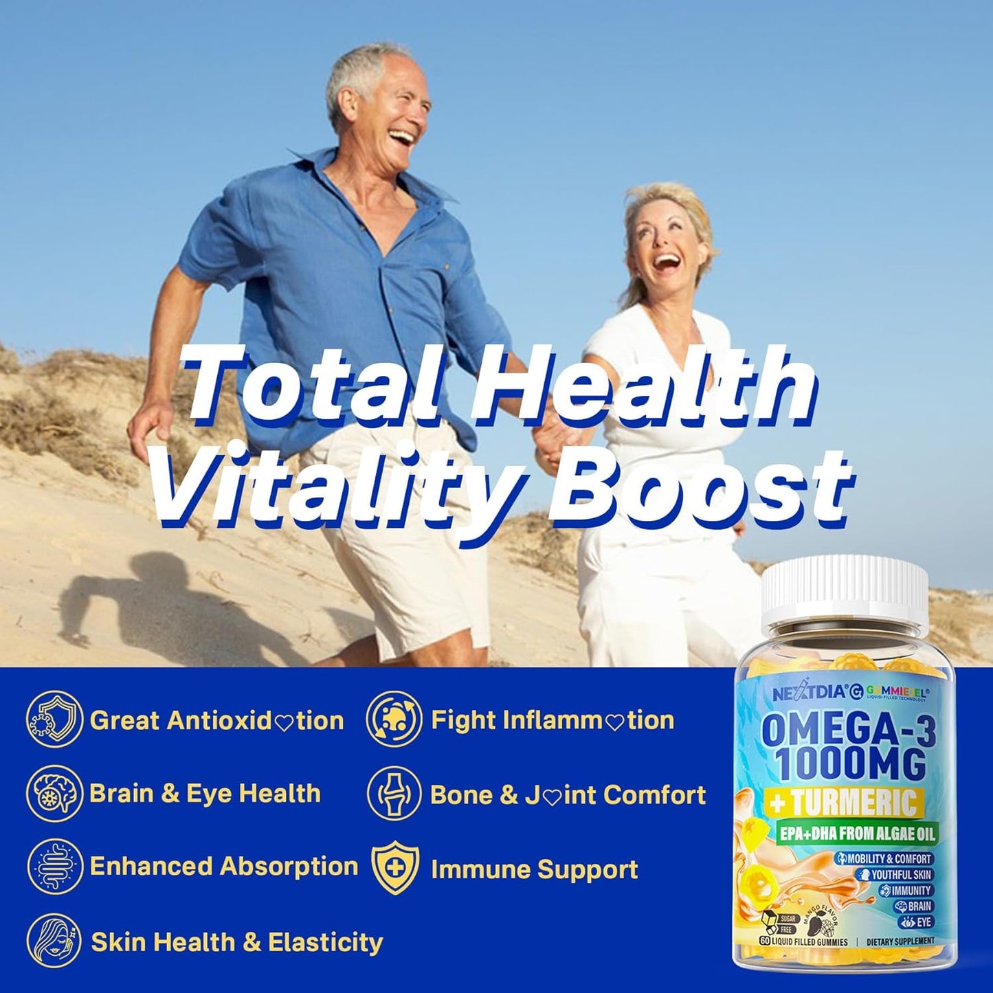 Vegan Omega-3 Gummies with Turmeric - Algae DHA 600mg & EPA 300mg - Vitamins A, C, E, Zinc & MSM - Sugar Free - 120 Count