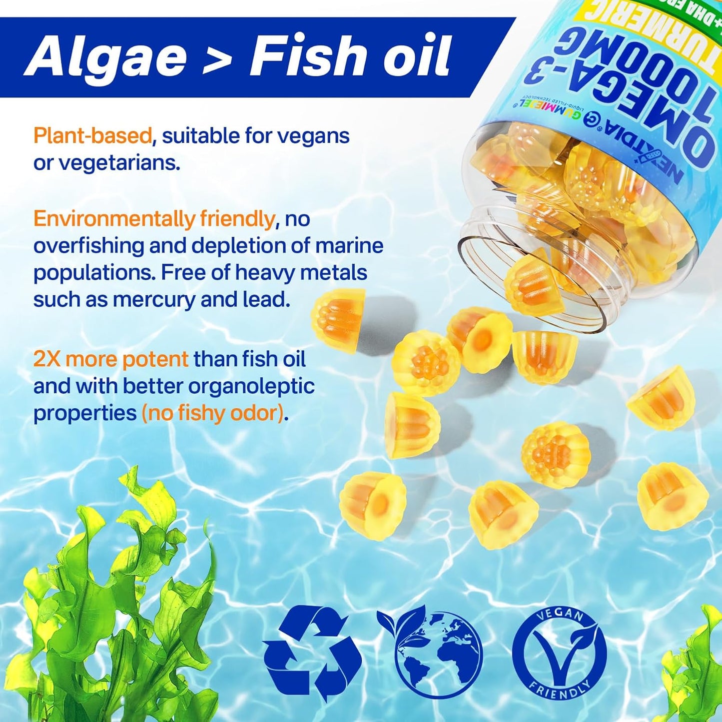 Vegan Omega-3 Gummies with Turmeric - Algae DHA 600mg & EPA 300mg - Vitamins A, C, E, Zinc & MSM - Sugar Free - 120 Count