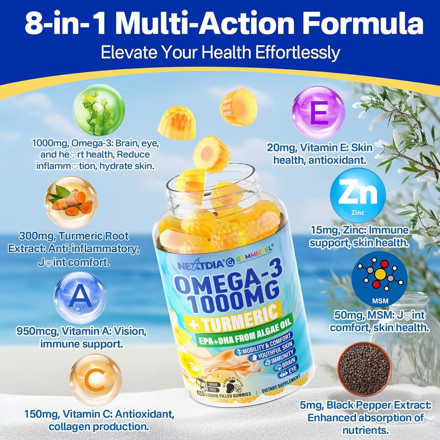 Vegan Omega-3 Gummies with Turmeric - Algae DHA 600mg & EPA 300mg - Vitamins A, C, E, Zinc & MSM - Sugar Free - 120 Count