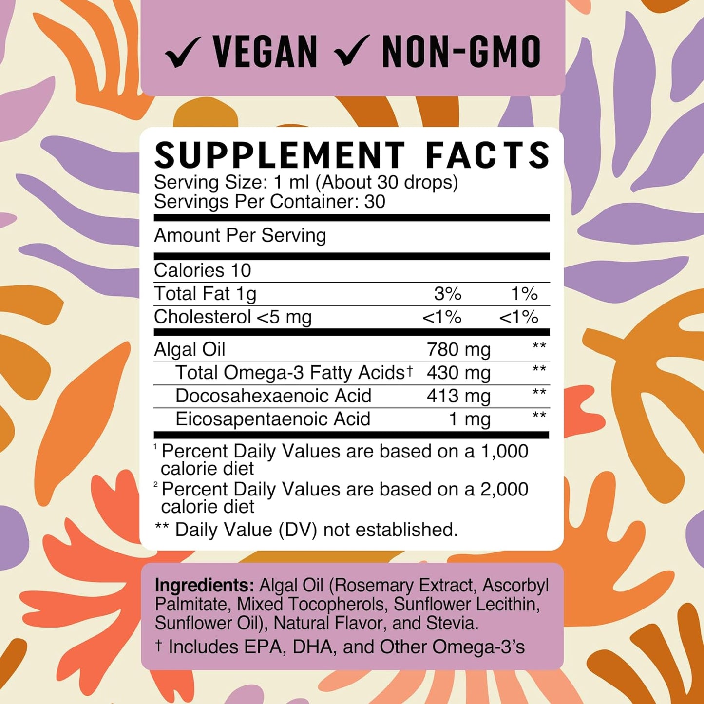 Vegan Omega 3 Liquid Drops for Kids with Algae Oil & DHA | Immune, Eye, Brain Support | Children Age 2+ | 410mg DHA, 430mg Omega 3 | 1 Fl Oz