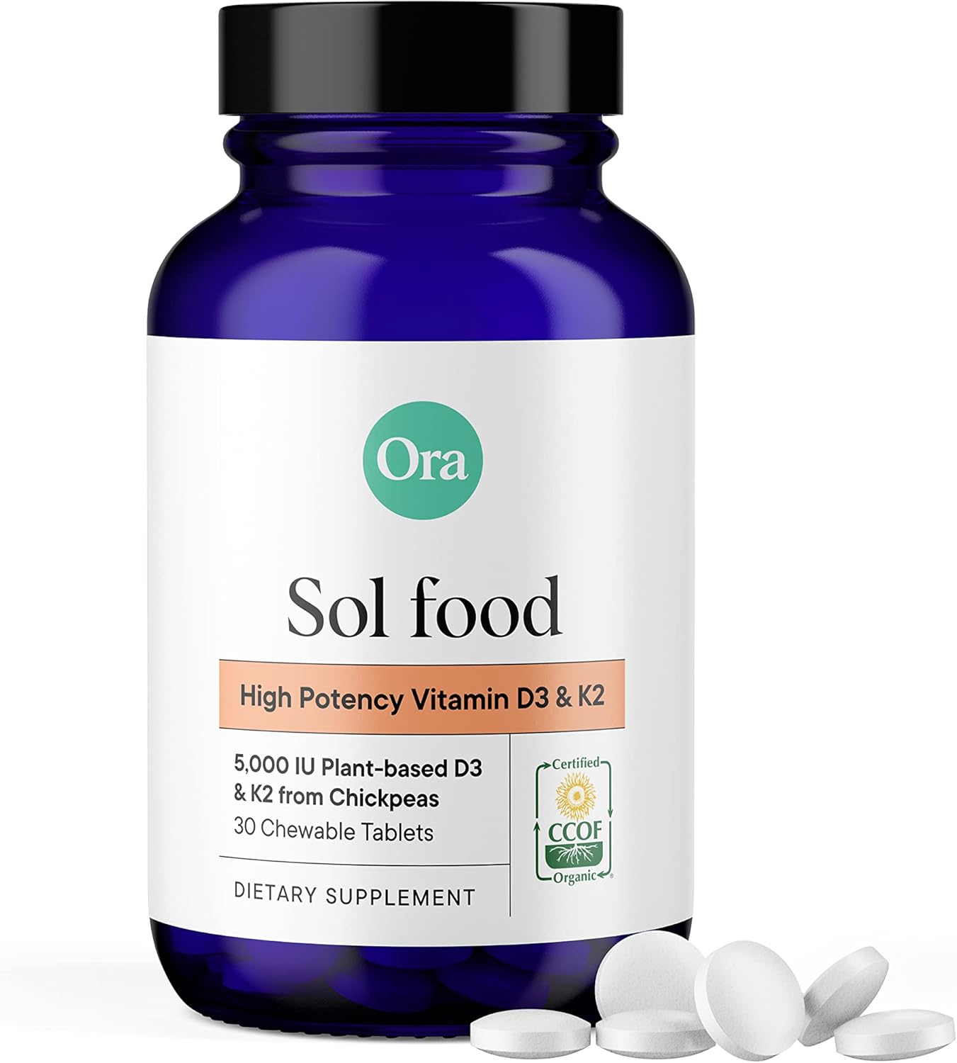 Vegan Ora Organic Vitamin D3 5000IU + K2 Chewable Tablets for Bone Health, Immune Support & Mood - 30 Day Supply - BoostGo Australia