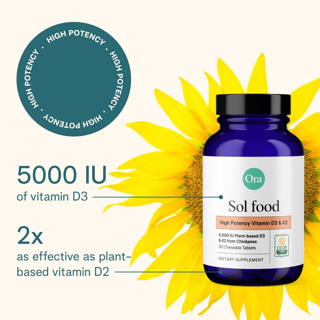 Vegan Ora Organic Vitamin D3 5000IU + K2 Chewable Tablets for Bone Health, Immune Support & Mood - 30 Day Supply - BoostGo Australia