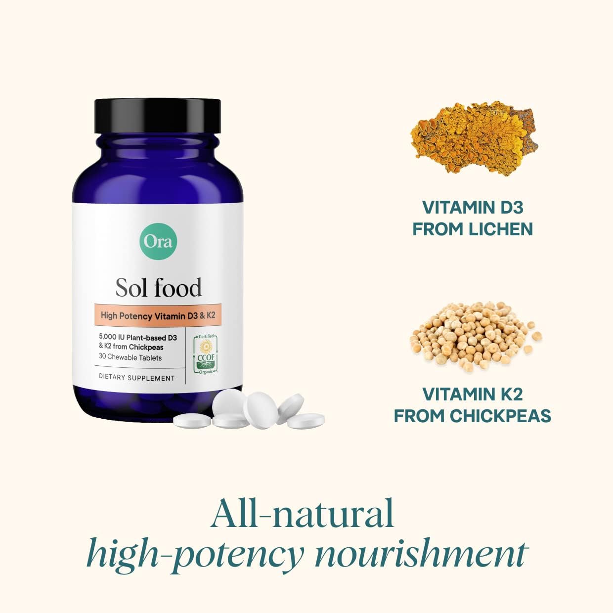 Vegan Ora Organic Vitamin D3 5000IU + K2 Chewable Tablets for Bone Health, Immune Support & Mood - 30 Day Supply - BoostGo Australia