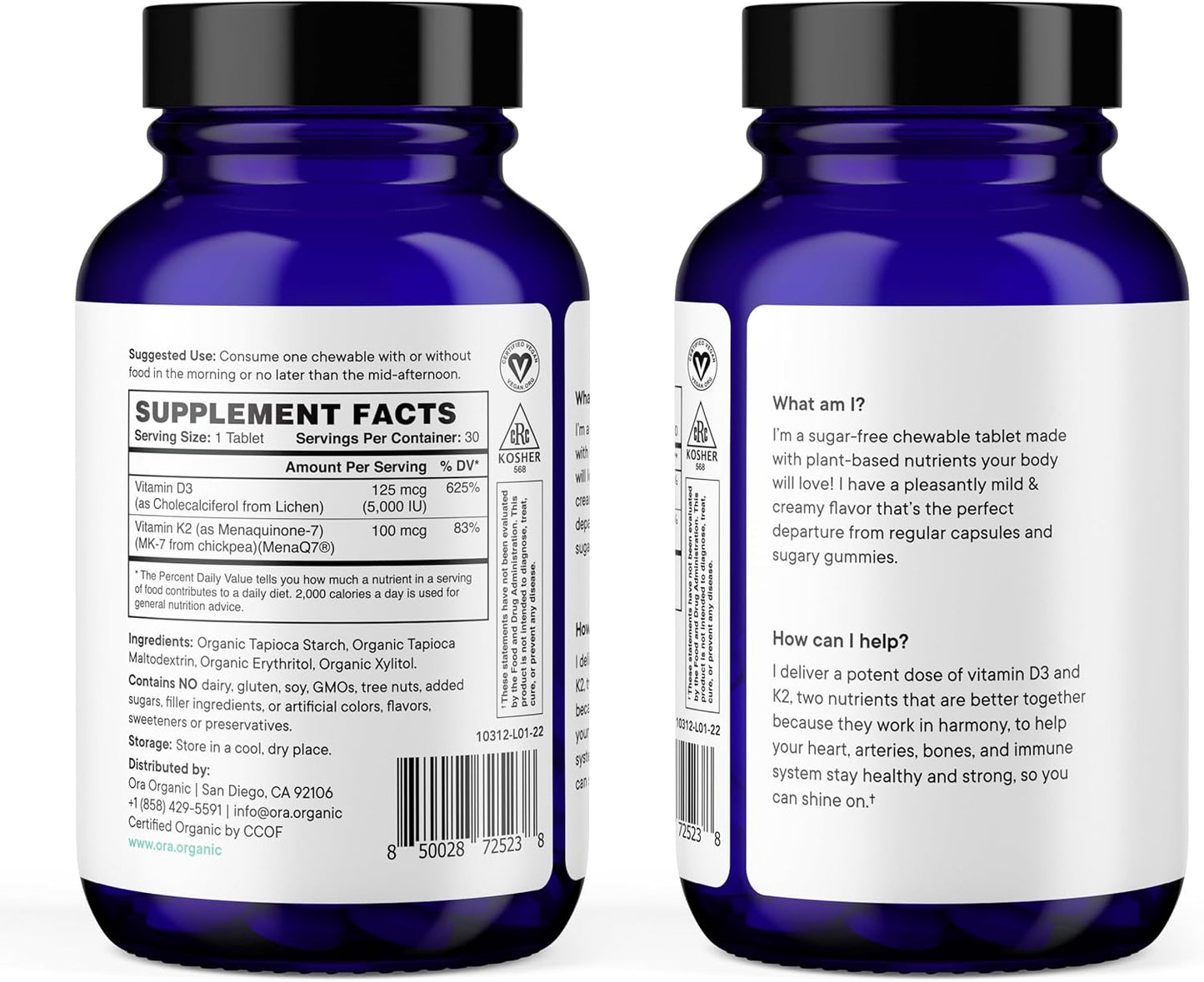 Vegan Ora Organic Vitamin D3 5000IU + K2 Chewable Tablets for Bone Health, Immune Support & Mood - 30 Day Supply - BoostGo Australia