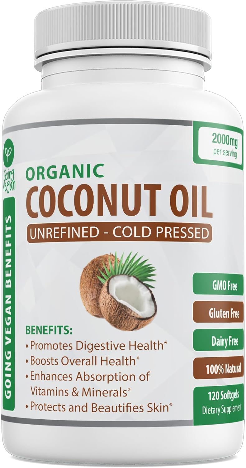 Vegan Organic Coconut Oil Capsules 2000mg - Cold Pressed for Healthy Skin, Hair Growth, Nail Care - 120 Softgels - Non GMO & Rich in MCTs - BoostGo Australia