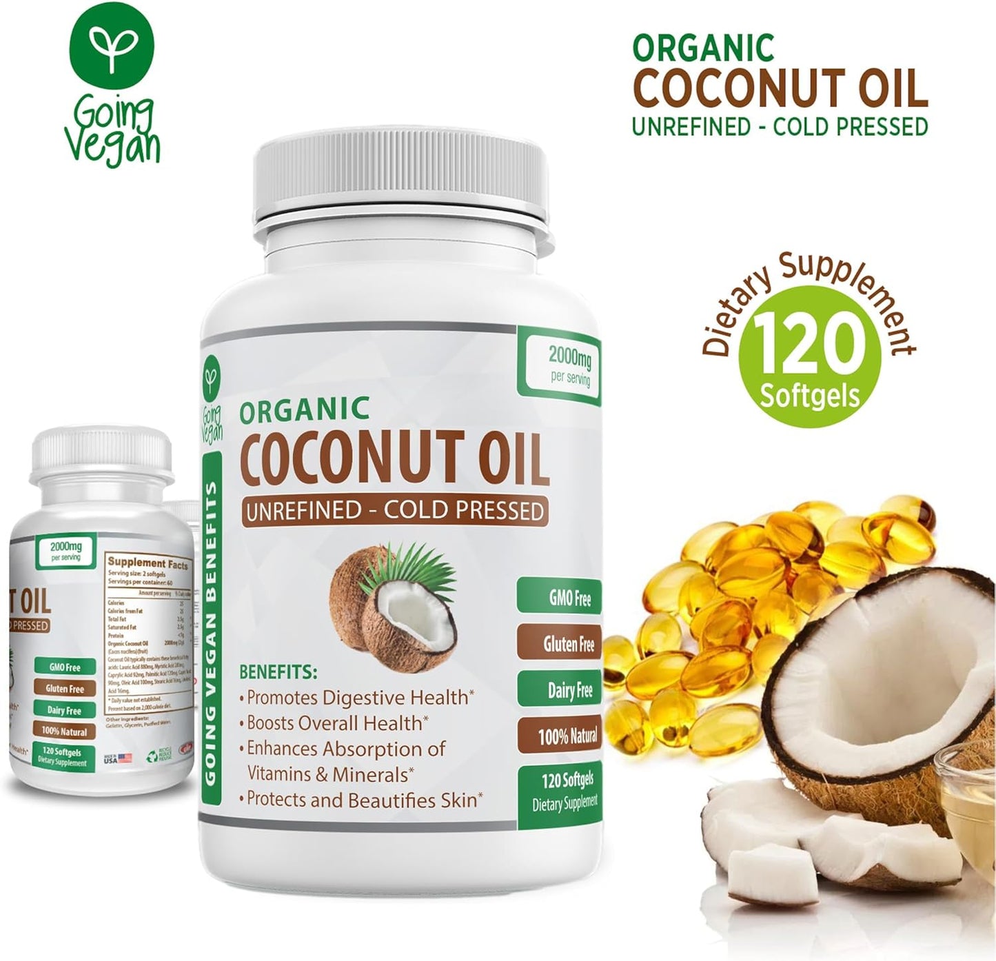 Vegan Organic Coconut Oil Capsules 2000mg - Cold Pressed for Healthy Skin, Hair Growth, Nail Care - 120 Softgels - Non GMO & Rich in MCTs - BoostGo Australia