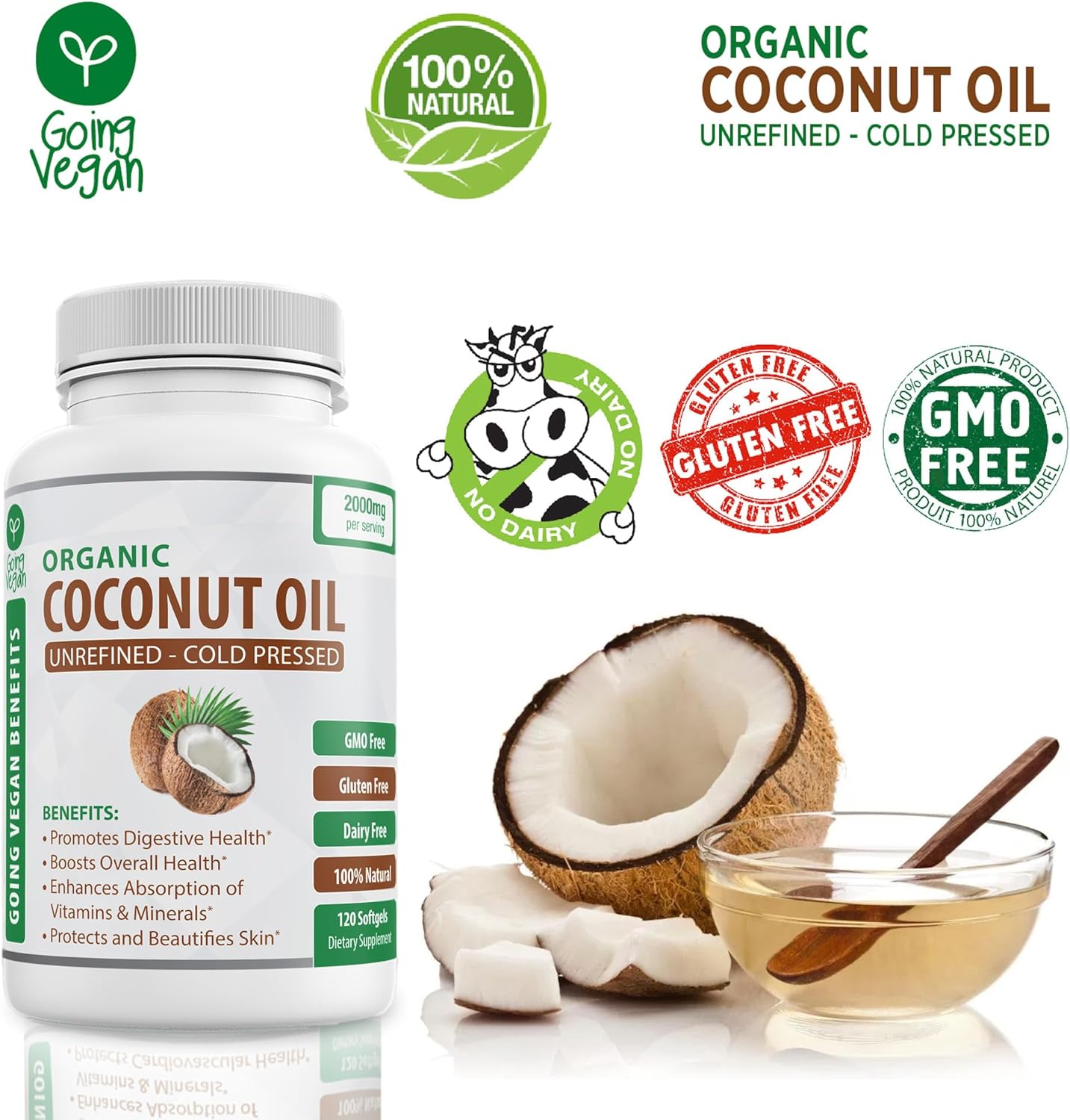 Vegan Organic Coconut Oil Capsules 2000mg - Cold Pressed for Healthy Skin, Hair Growth, Nail Care - 120 Softgels - Non GMO & Rich in MCTs - BoostGo Australia