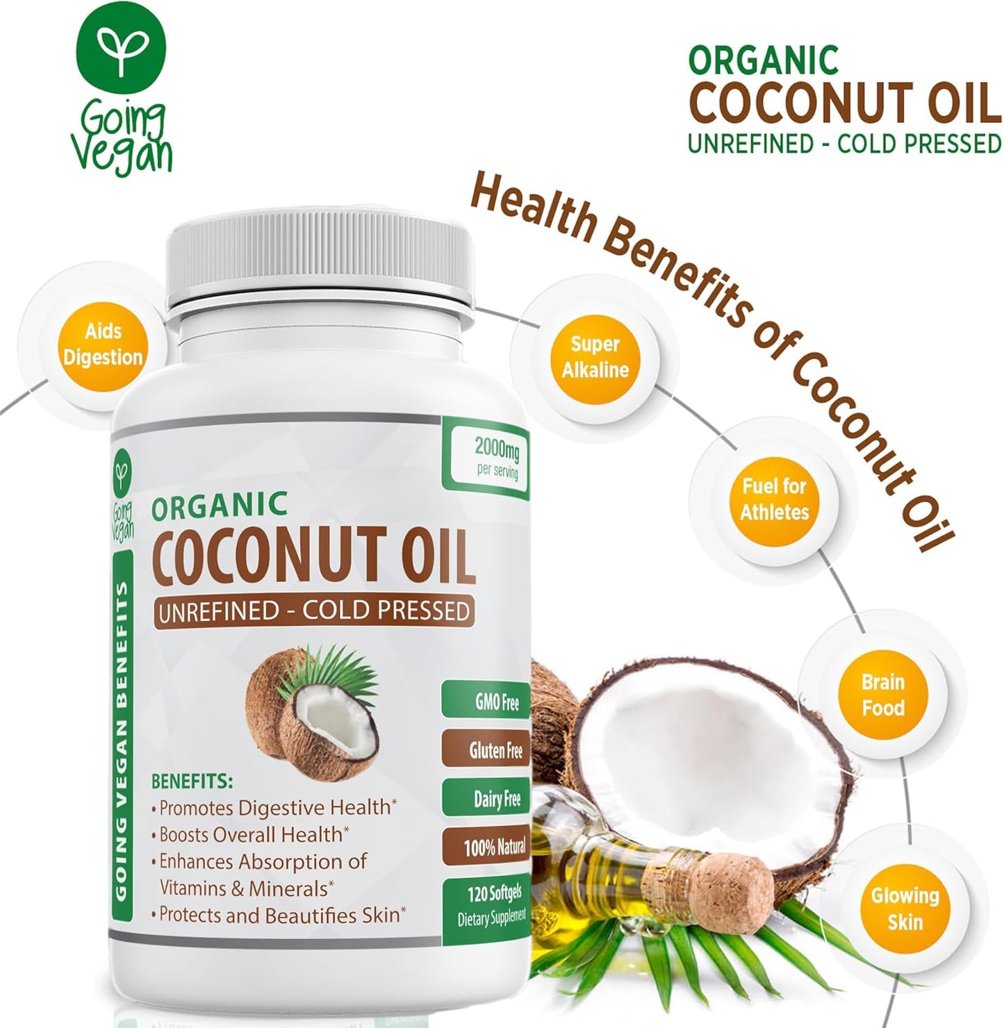 Vegan Organic Coconut Oil Capsules 2000mg - Cold Pressed for Healthy Skin, Hair Growth, Nail Care - 120 Softgels - Non GMO & Rich in MCTs - BoostGo Australia