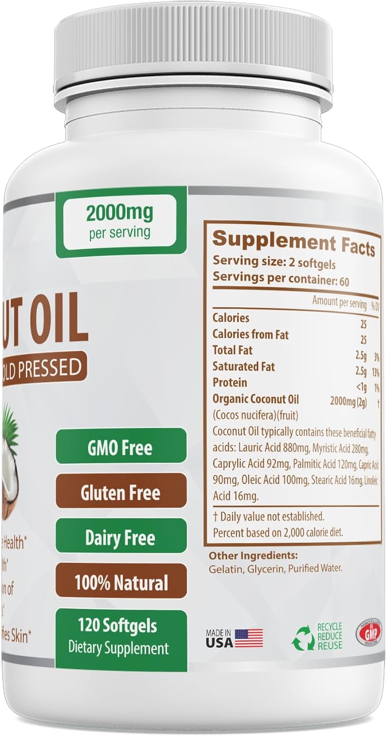Vegan Organic Coconut Oil Capsules 2000mg - Cold Pressed for Healthy Skin, Hair Growth, Nail Care - 120 Softgels - Non GMO & Rich in MCTs - BoostGo Australia