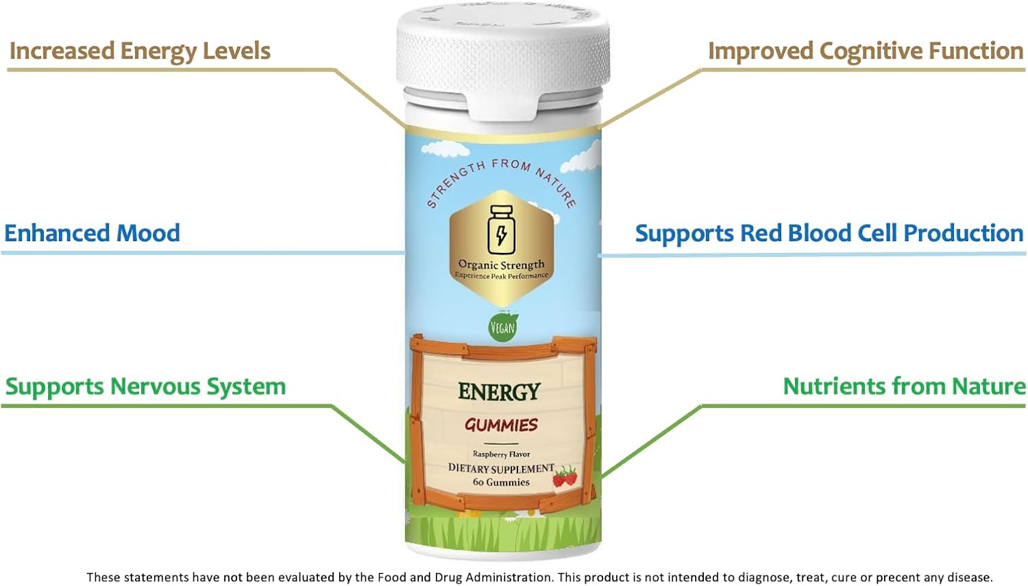 Vegan Organic Energy Gummies with Vitamin B12 for Natural Vitality (60 Count)