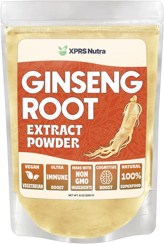 Vegan Panax Ginseng Powder Extract - Supports Cognitive Function, Physical Performance, Immune System - XPRS Nutra Ginseng Root Powder (8 oz)