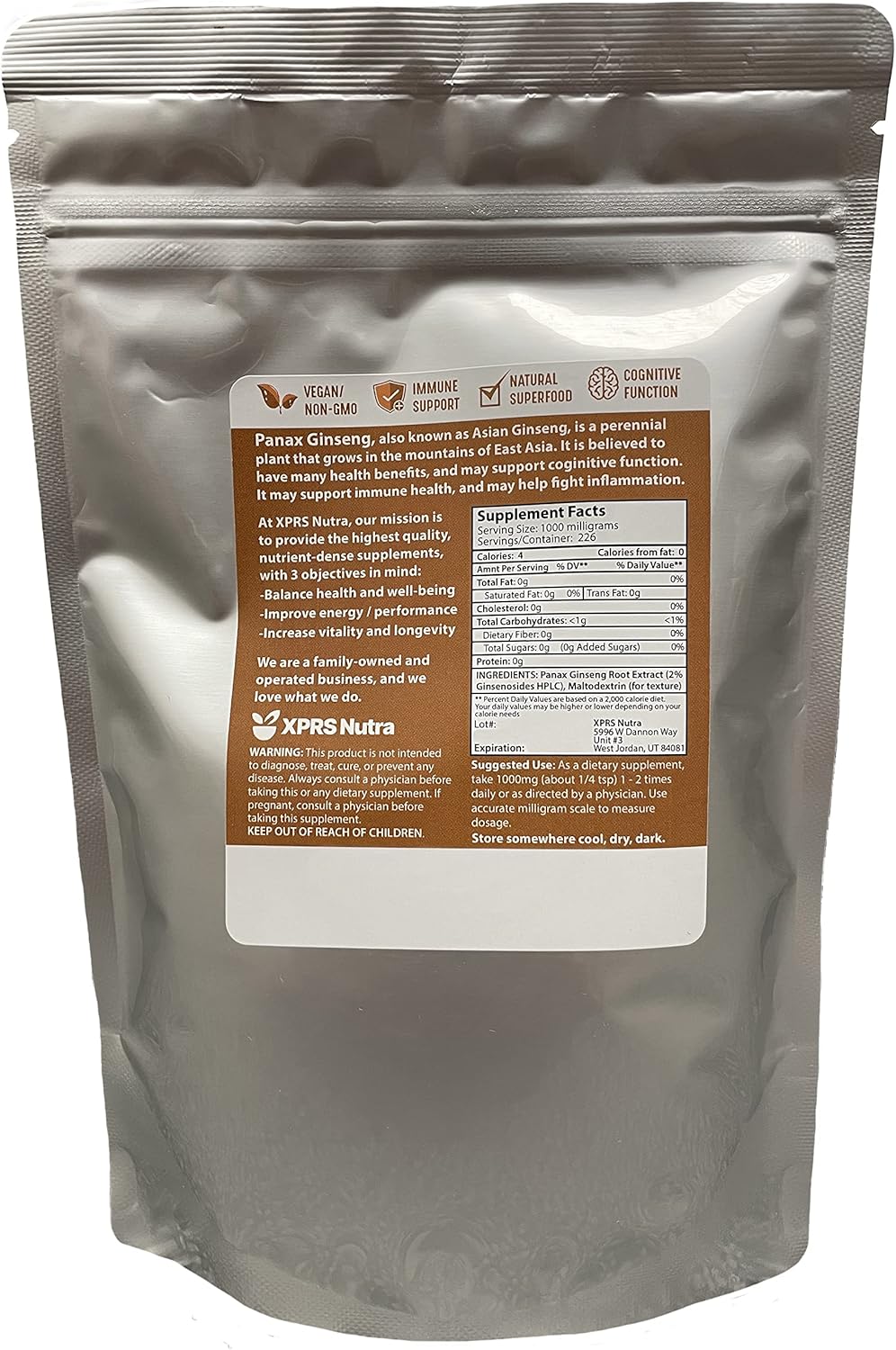 Vegan Panax Ginseng Powder Extract - Supports Cognitive Function, Physical Performance, Immune System - XPRS Nutra Ginseng Root Powder (8 oz)