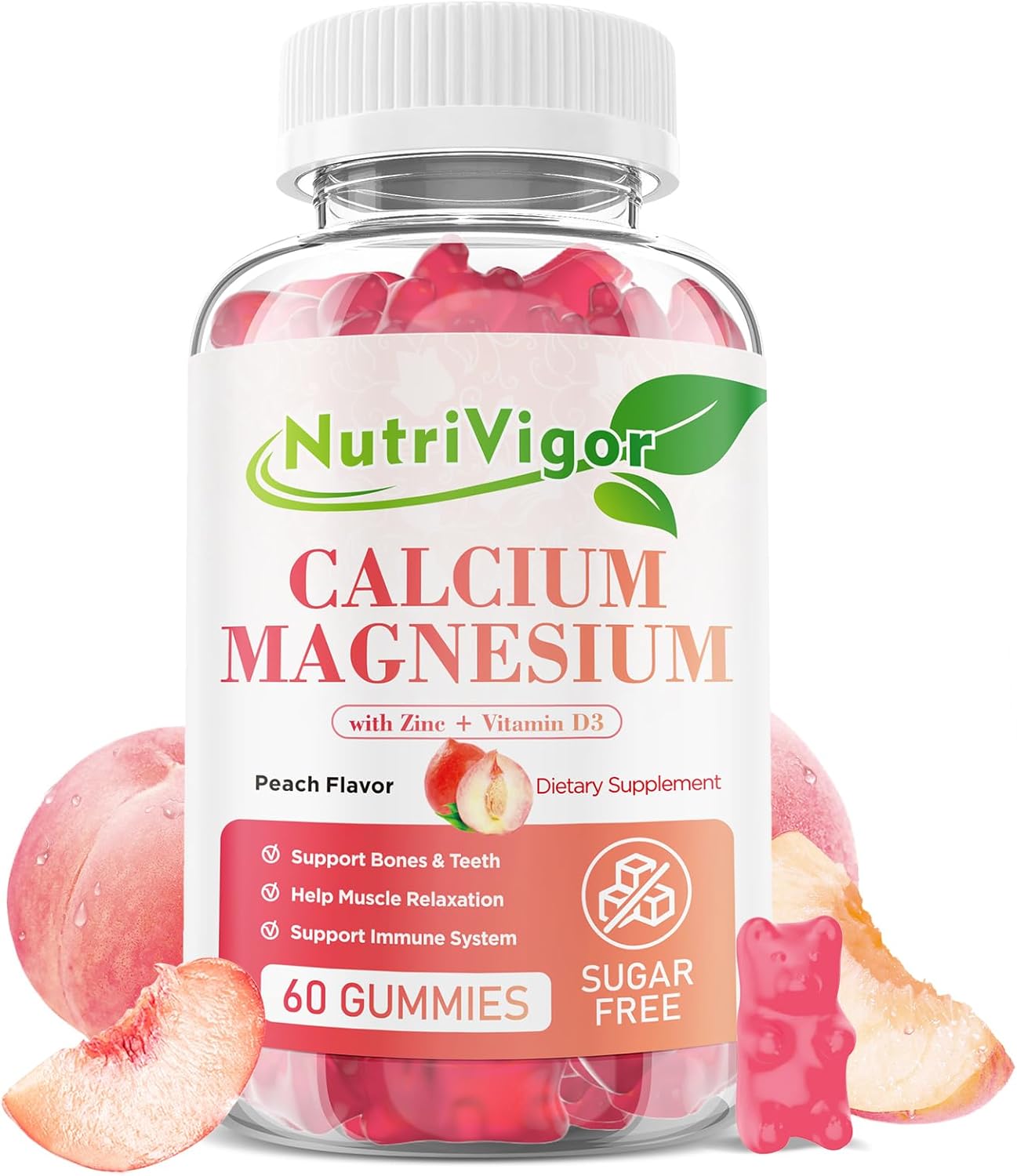 Vegan Peach Flavored Calcium Gummies with Vitamin D3, Magnesium, and Zinc for Bone & Immune Support - 60 Count