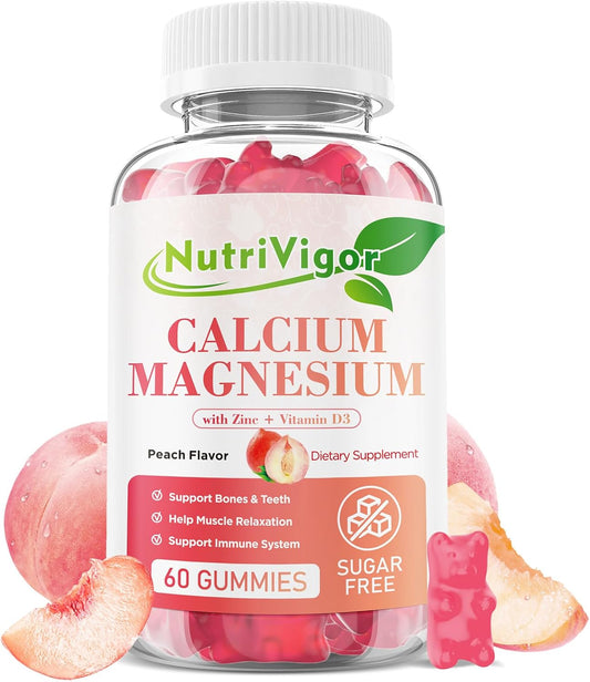 Vegan Peach Flavored Calcium Gummies with Vitamin D3, Magnesium, and Zinc for Bone & Immune Support - 60 Count