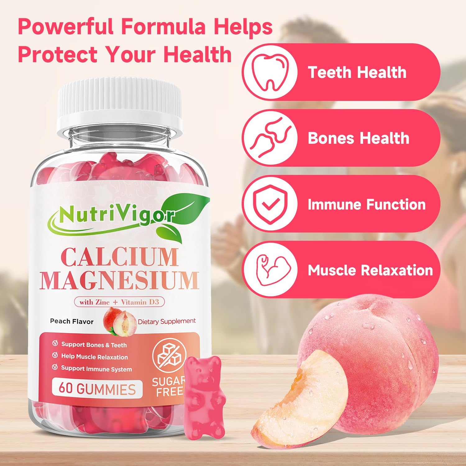 Vegan Peach Flavored Calcium Gummies with Vitamin D3, Magnesium, and Zinc for Bone & Immune Support - 60 Count