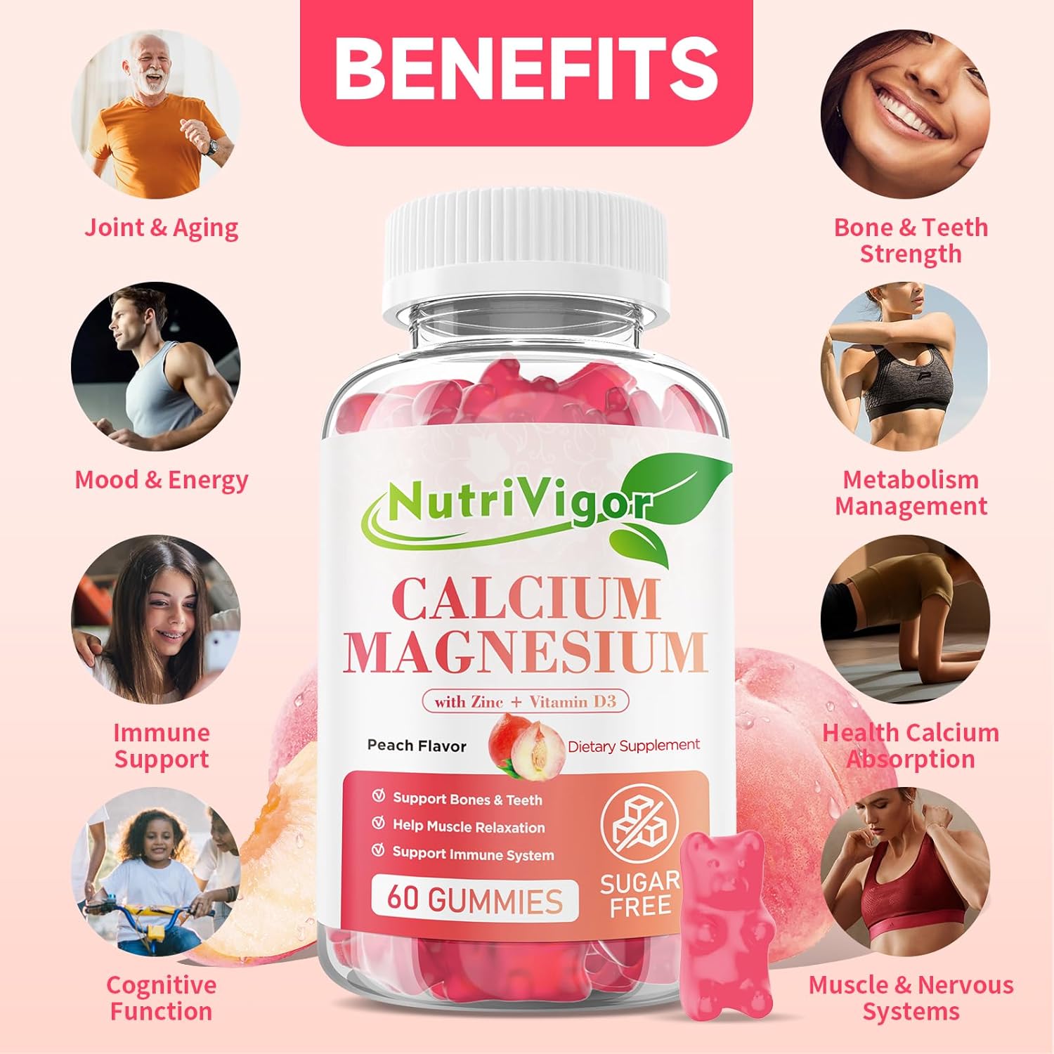 Vegan Peach Flavored Calcium Gummies with Vitamin D3, Magnesium, and Zinc for Bone & Immune Support - 60 Count