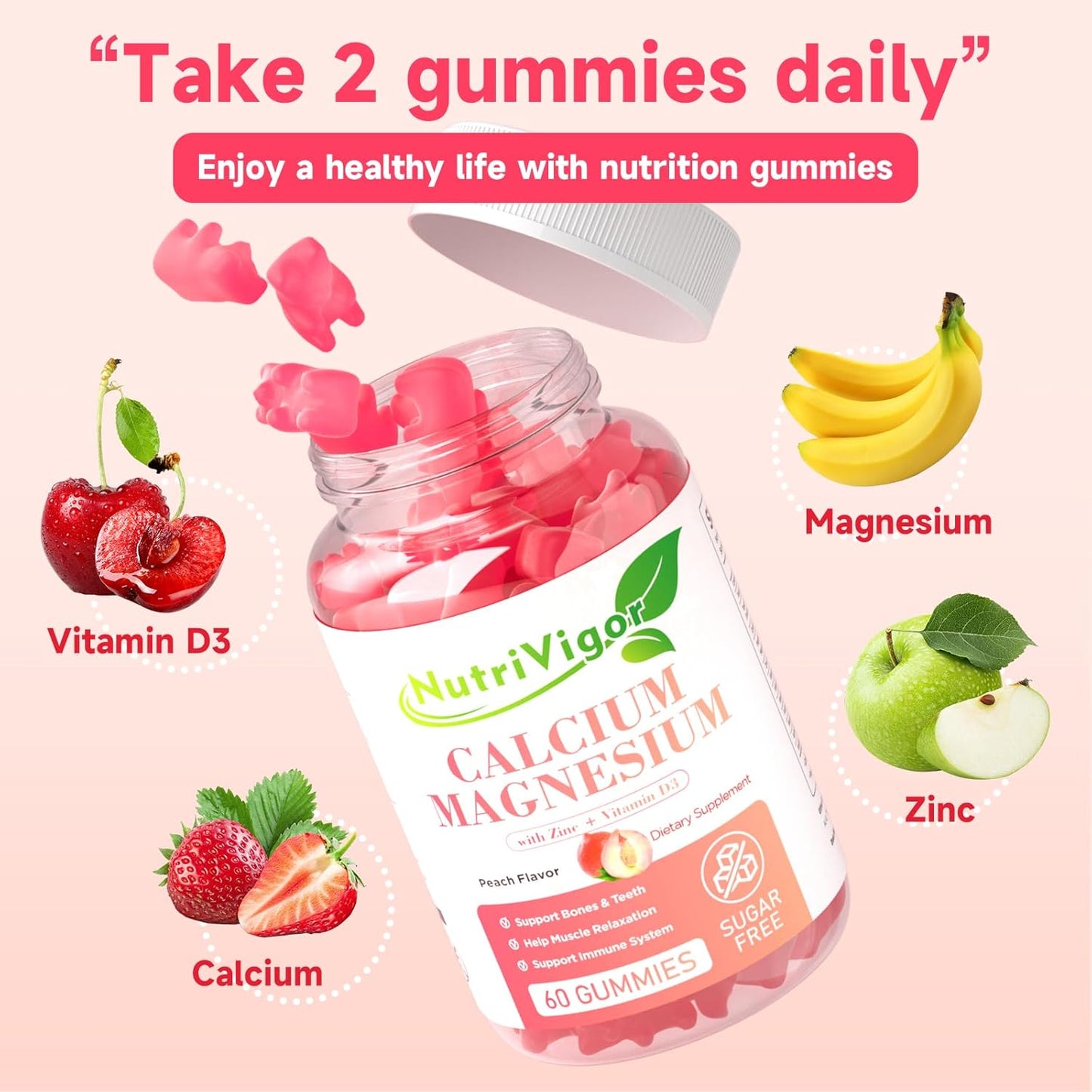 Vegan Peach Flavored Calcium Gummies with Vitamin D3, Magnesium, and Zinc for Bone & Immune Support - 60 Count