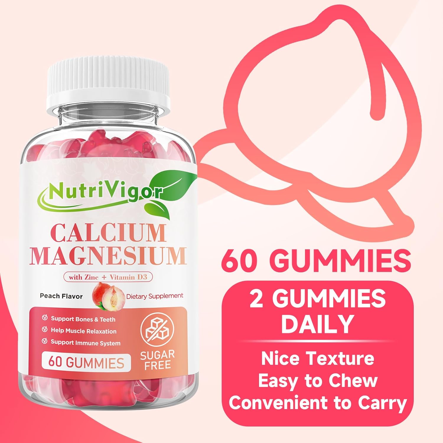 Vegan Peach Flavored Calcium Gummies with Vitamin D3, Magnesium, and Zinc for Bone & Immune Support - 60 Count
