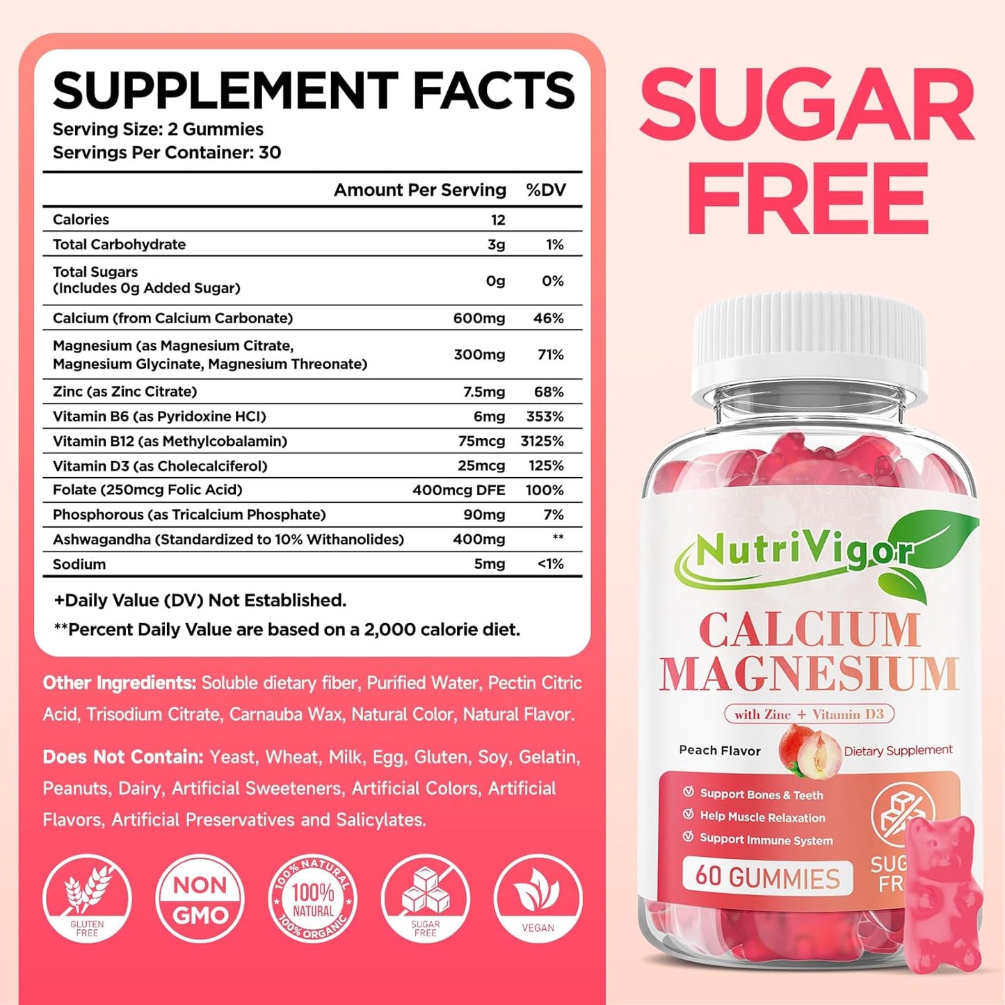 Vegan Peach Flavored Calcium Gummies with Vitamin D3, Magnesium, and Zinc for Bone & Immune Support - 60 Count