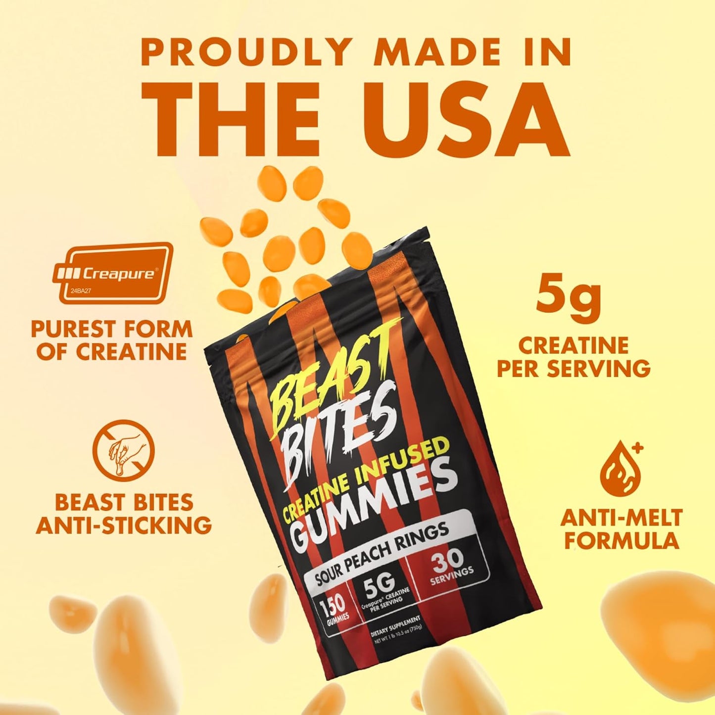 Vegan Peach Flavored Creatine Gummies with 5g Monohydrate - 30 Servings - Low-Calorie & Made in USA