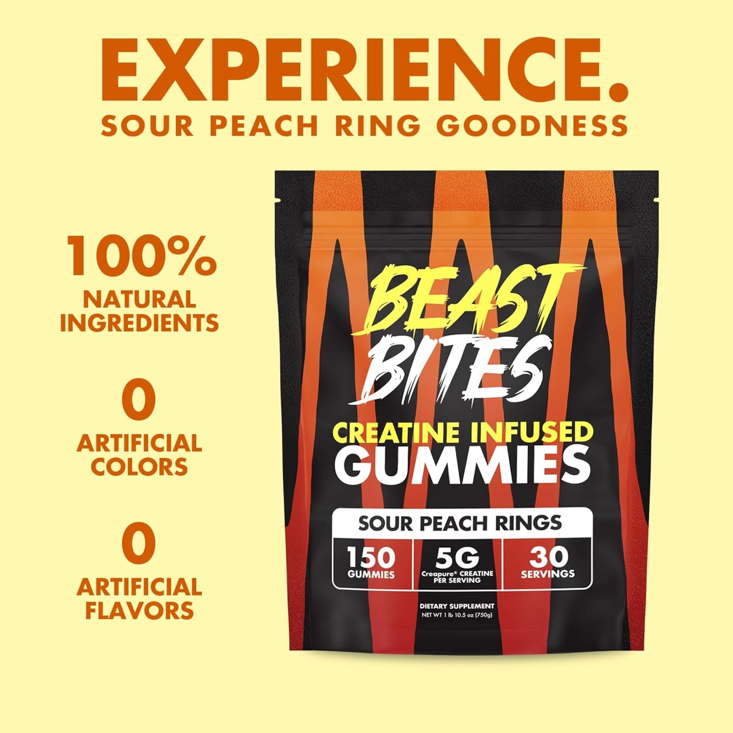 Vegan Peach Flavored Creatine Gummies with 5g Monohydrate - 30 Servings - Low-Calorie & Made in USA