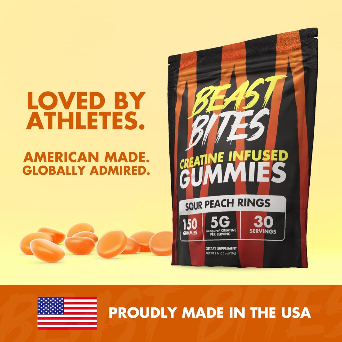 Vegan Peach Flavored Creatine Gummies with 5g Monohydrate - 30 Servings - Low-Calorie & Made in USA