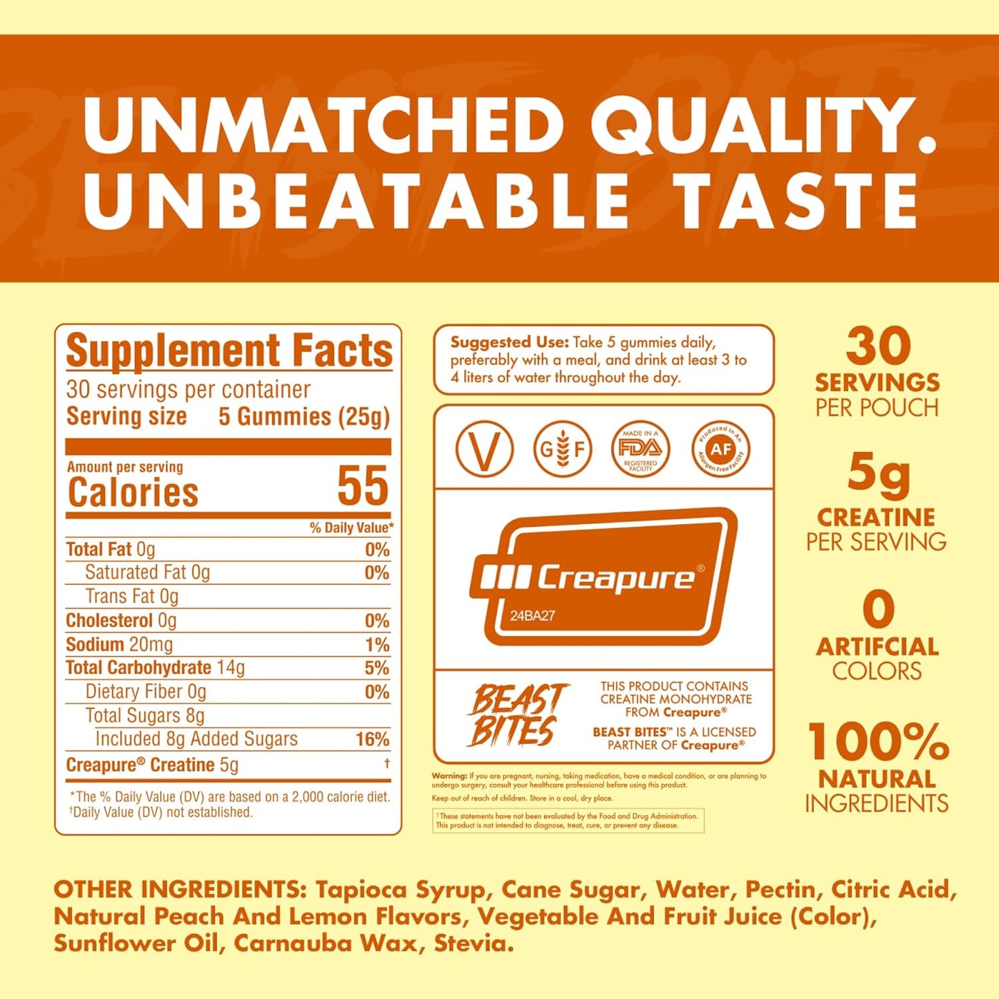 Vegan Peach Flavored Creatine Gummies with 5g Monohydrate - 30 Servings - Low-Calorie & Made in USA