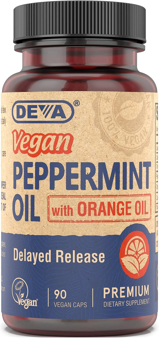 Vegan Peppermint Oil Capsules with Orange Oil, Delayed Release Formula - 90 Capsules