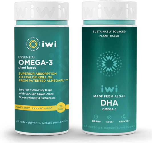 Vegan Plant-Based Algae Omega-3 and DHA Bundle - 30 Servings, Krill & Fish Oil Alternative, No Fishy Aftertaste