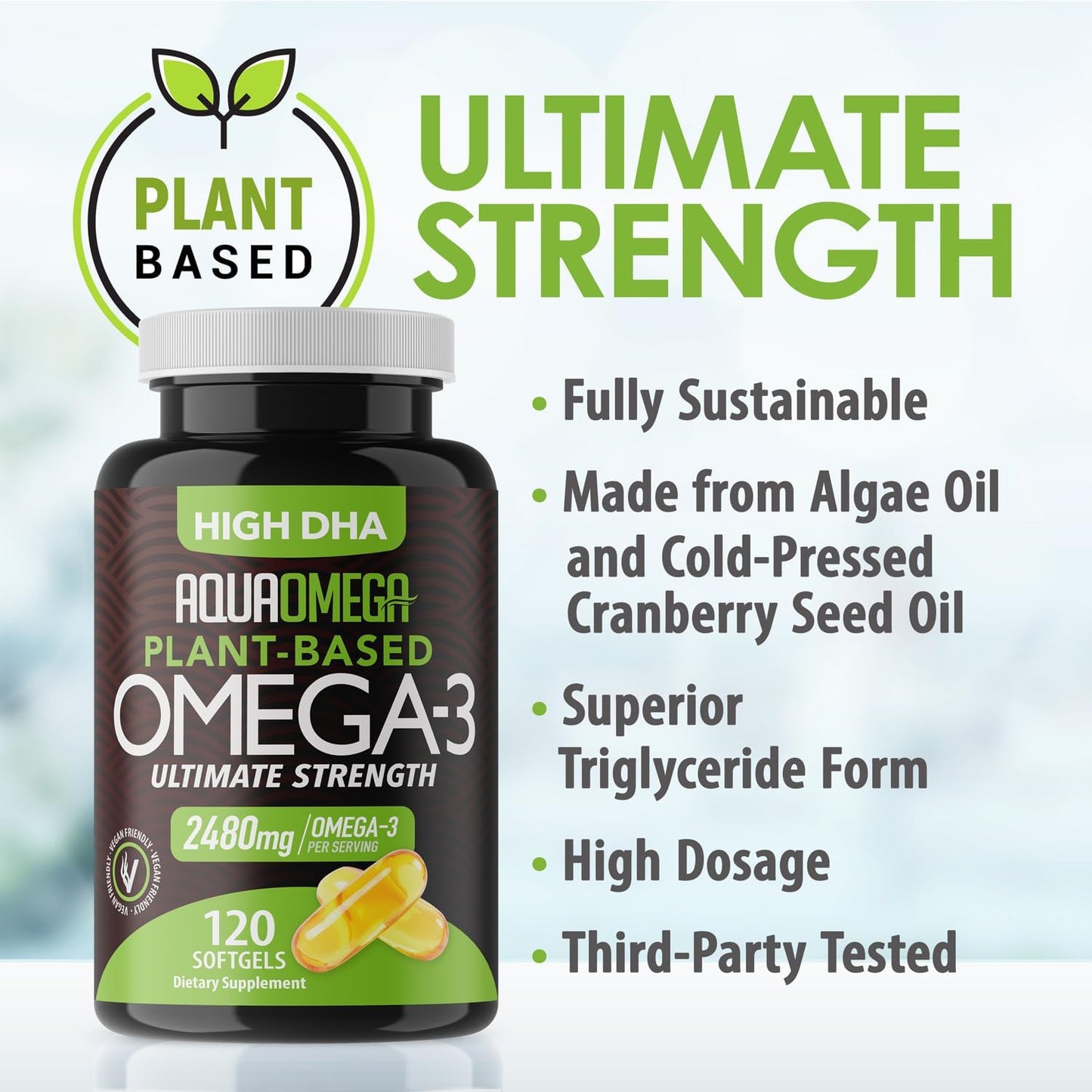 Vegan Plant-Based Omega 3 Supplement 2480mg High DHA & EPA Algae Oil Softgels - 120 Count