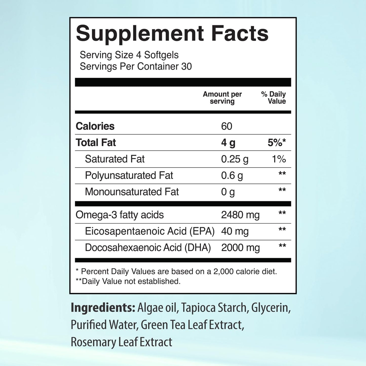 Vegan Plant-Based Omega 3 Supplement 2480mg High DHA & EPA Algae Oil Softgels - 120 Count