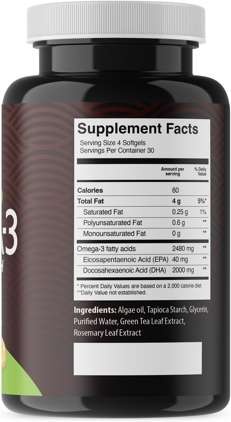 Vegan Plant-Based Omega 3 Supplement 2480mg High DHA & EPA Algae Oil Softgels - 120 Count