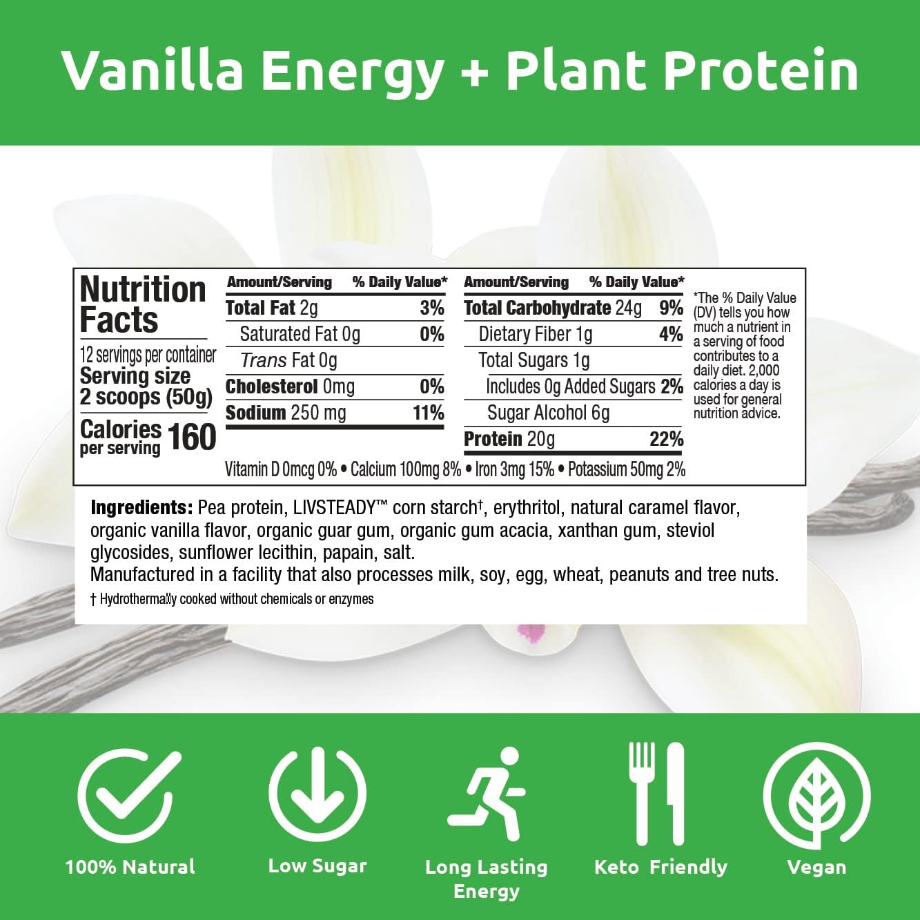 Vegan Plant Protein Powder with 20g Pea Protein, Amino Acids, and BCCAs - Keto-Friendly Vanilla Blend - 12 Servings