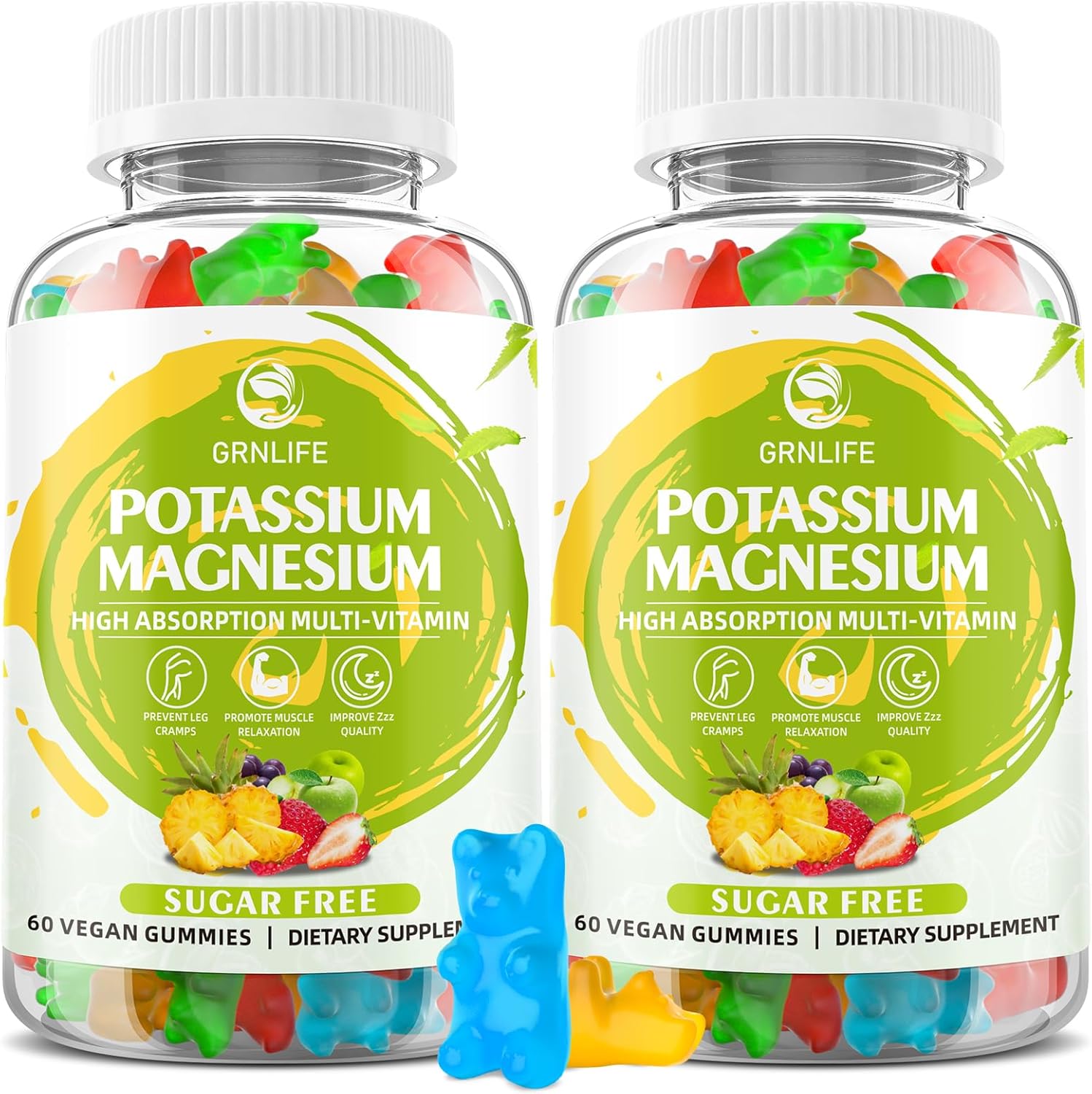 Vegan Potassium Magnesium Gummies for Adults & Kids, High Absorption Magnesium for Leg Cramps & Immune Health, Sugar-Free Mixed Flavors - 120 Count