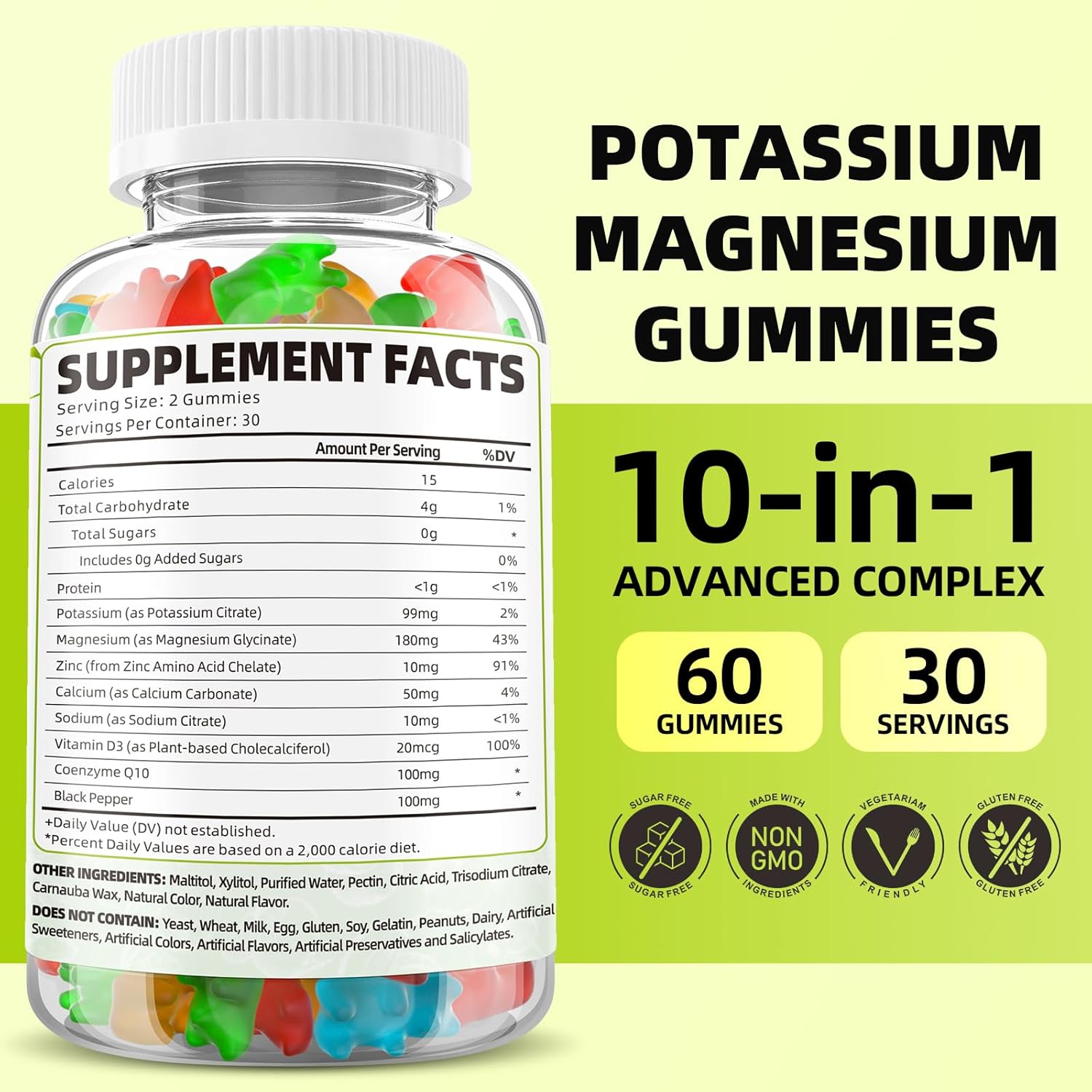 Vegan Potassium Magnesium Gummies for Adults & Kids, High Absorption Magnesium for Leg Cramps & Immune Health, Sugar-Free Mixed Flavors - 120 Count