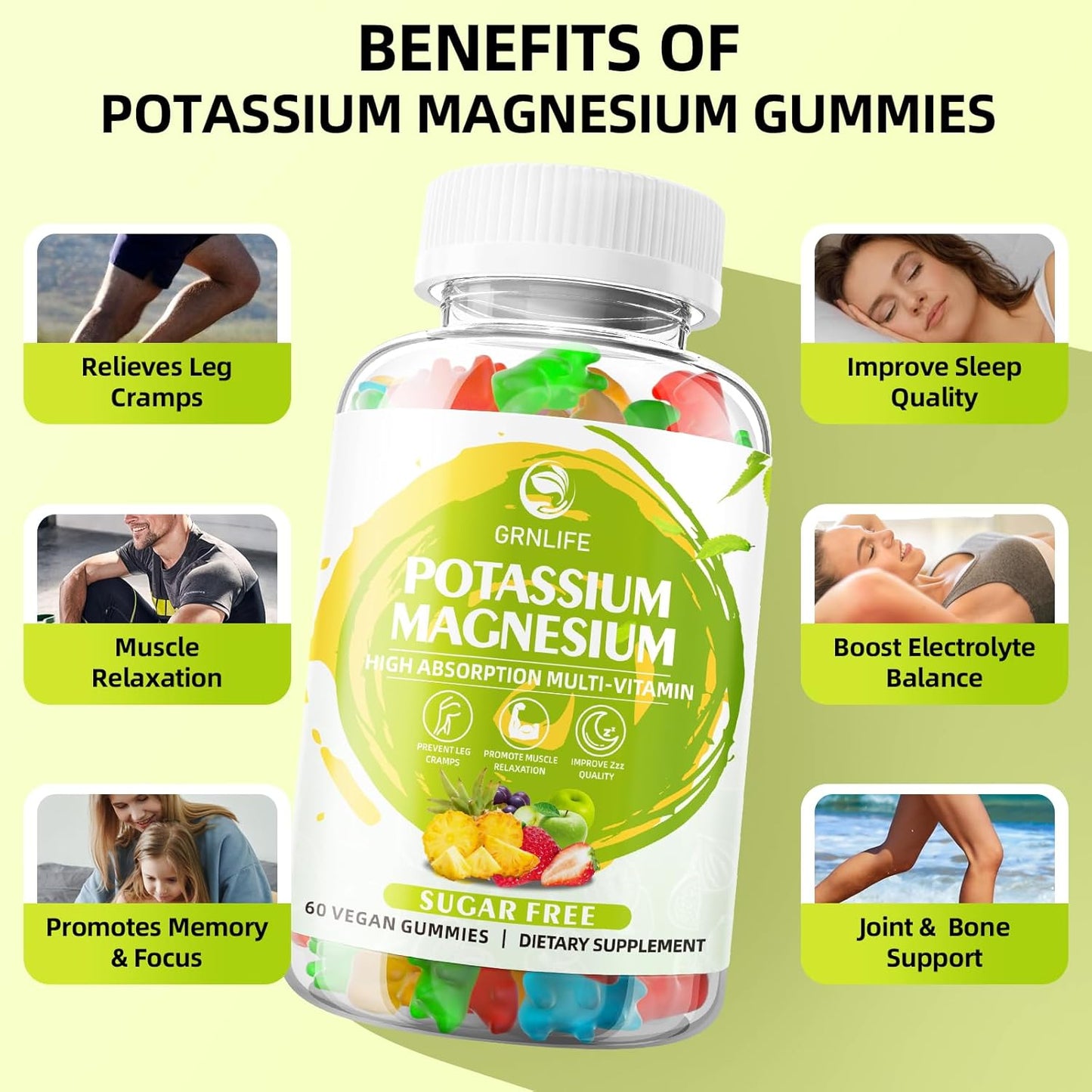 Vegan Potassium Magnesium Gummies for Adults & Kids, High Absorption Magnesium for Leg Cramps & Immune Health, Sugar-Free Mixed Flavors - 120 Count