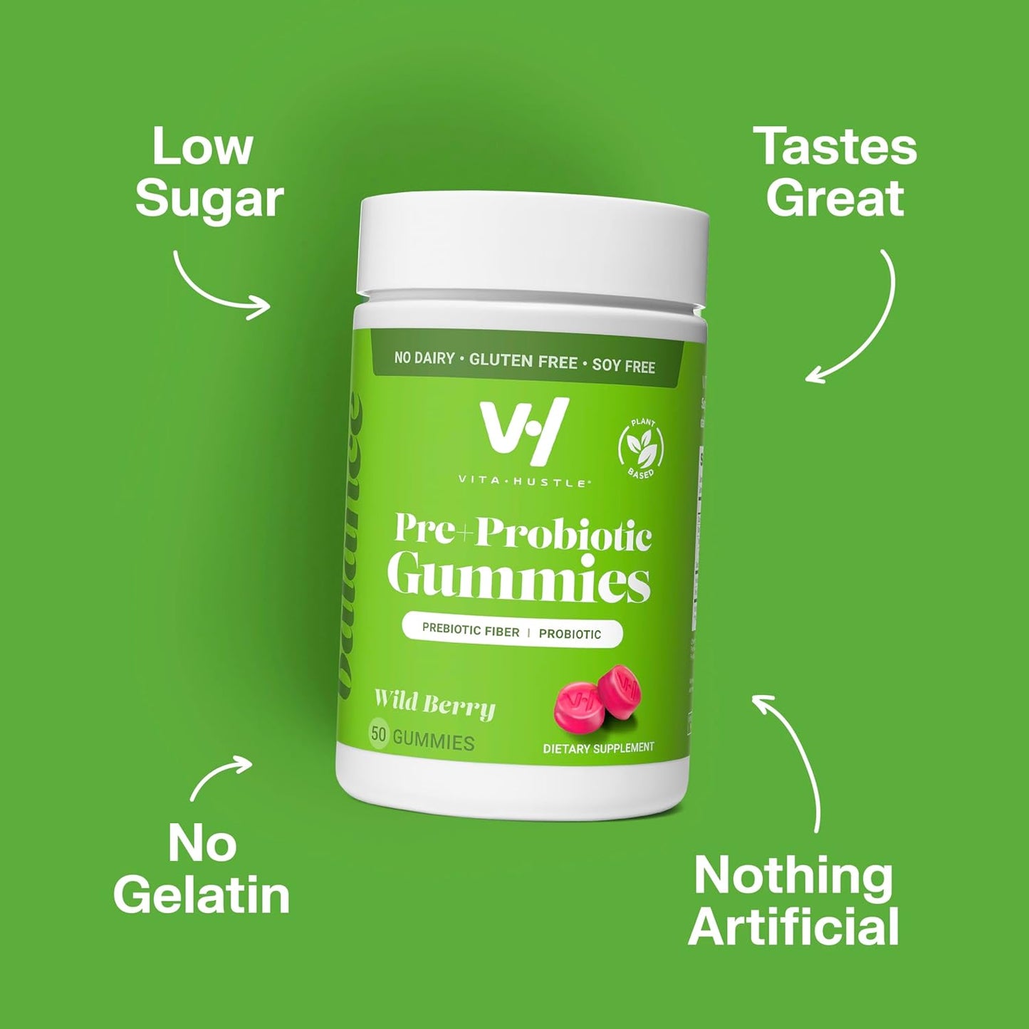 Vegan Prebiotic and Probiotic Gummies for Gut Health, Digestion, and Immune Support - 50 Count Berry Flavored Plant Based Supplement