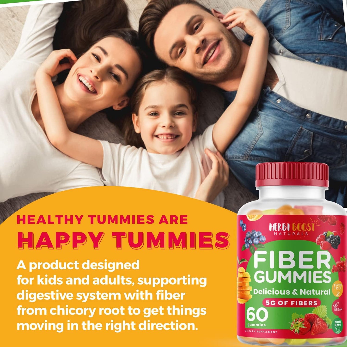 Vegan Prebiotic Fiber Gummies for Adults & Kids - Digestion Support & Bloating Relief with Chicory Root Enzymes