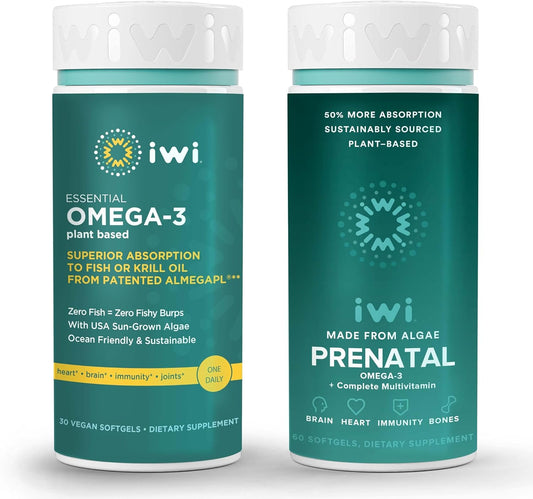 Vegan Prenatal Multivitamin Bundle with Iwi Omega-3, 30 Servings, Plant-Based Algae Omega 3, Krill & Fish Oil Alternative, No Fishy Taste