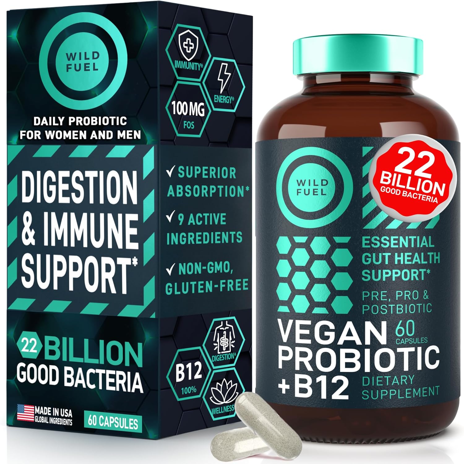 Vegan Probiotic Plus B12 - 22 Billion CFU Synbiotics for Gut Health & Mood Support - Gluten-Free Capsules for Women & Men - BoostGo Australia