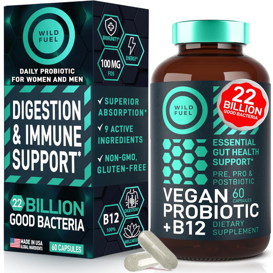 Vegan Probiotic Plus B12 - 22 Billion CFU Synbiotics for Gut Health & Mood Support - Gluten-Free Capsules for Women & Men - BoostGo Australia