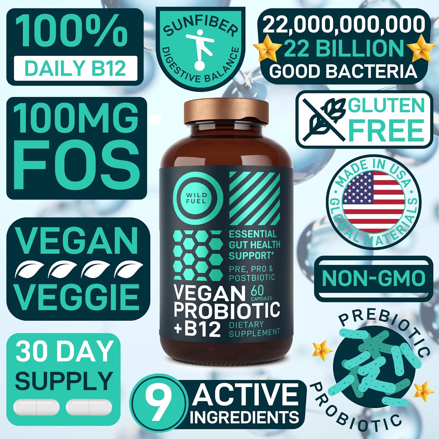 Vegan Probiotic Plus B12 - 22 Billion CFU Synbiotics for Gut Health & Mood Support - Gluten-Free Capsules for Women & Men - BoostGo Australia