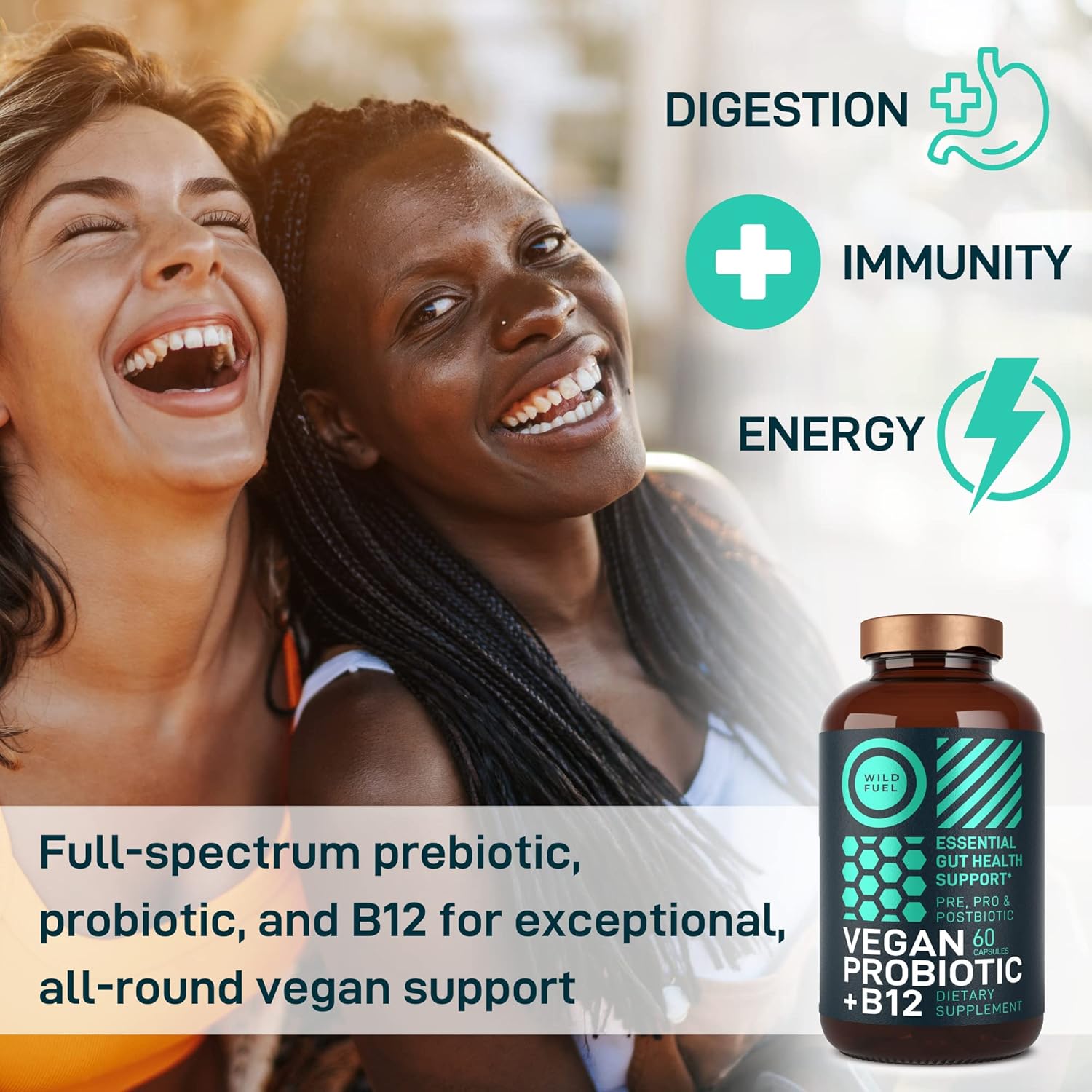 Vegan Probiotic Plus B12 - 22 Billion CFU Synbiotics for Gut Health & Mood Support - Gluten-Free Capsules for Women & Men - BoostGo Australia