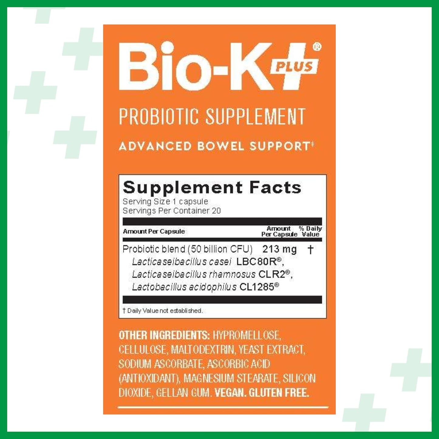 Vegan Probiotic Supplement for Bowel Support - Bio-K Plus Bio K+ Advanced Formula with 50 Billion CFU, 3 Strains, 20 Capsules