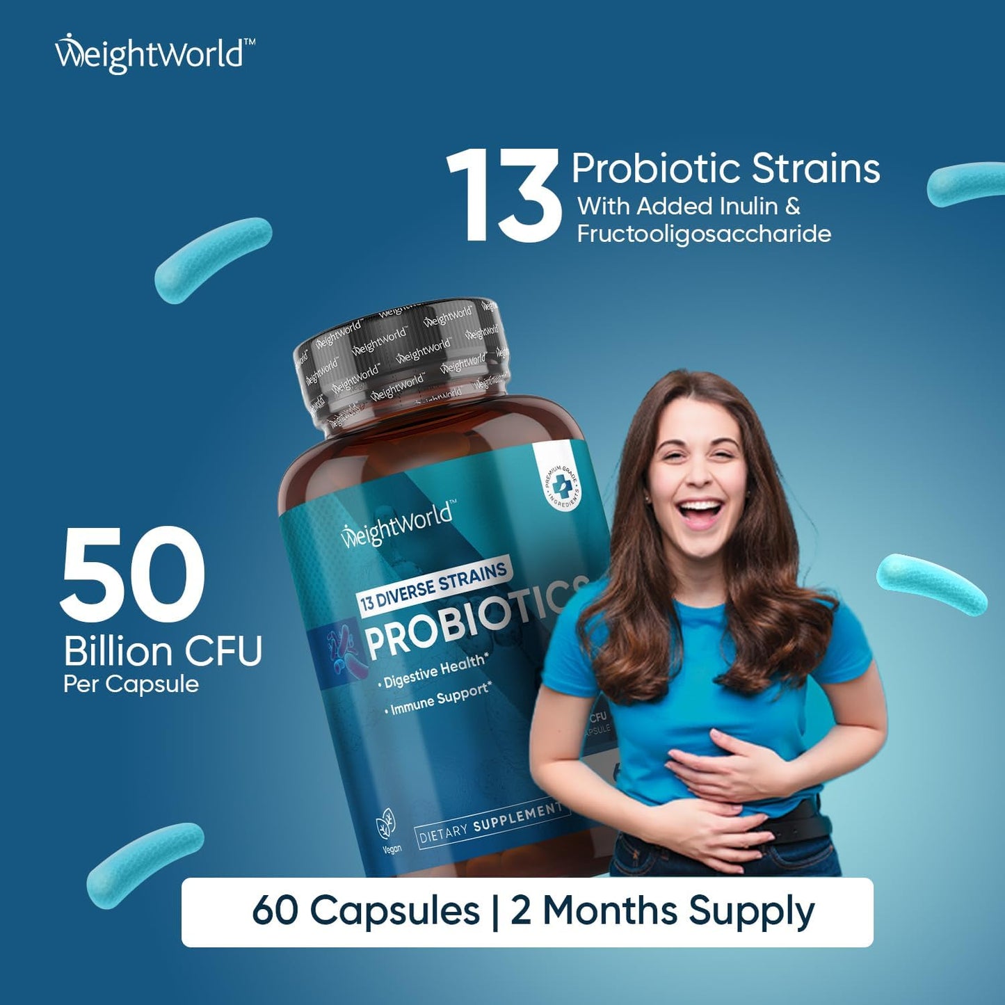 Vegan Probiotics for Women & Men - 50 Billion CFU - 13 Unique Strains - Inulin & Fructooligosaccharide - Digestive & Immune Support - 2 Months Supply